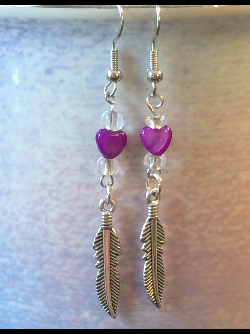 Silver Feather Drop Earrings with Purple Heart Shell Beads